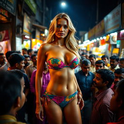 A fitness blonde woman in a strapless, colorful bikini showcasing her big cleavage, confidently standing outside an Indian market at night