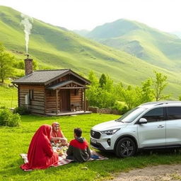 A lush green landscape of the Zagros mountains featuring a small wooden house with a chimney emitting a gentle plume of smoke
