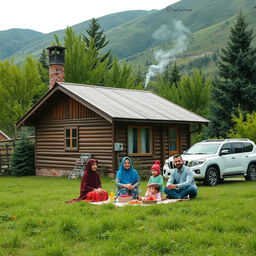 A lush green landscape of the Zagros mountains featuring a small wooden house with a chimney emitting a gentle plume of smoke