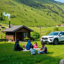 A lush green landscape of the Zagros mountains featuring a small wooden house with a chimney emitting a gentle plume of smoke