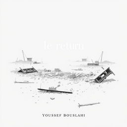 A minimalistic and simplistic artistic representation of war destruction, showcasing the aftermath of a battlefield with scattered debris, downed structures, and a muted color palette dominated by whites and light grays