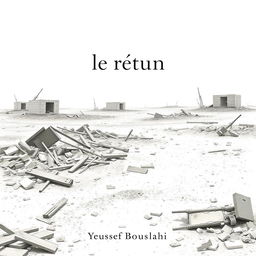 A minimalistic and simplistic artistic representation of war destruction, showcasing the aftermath of a battlefield with scattered debris, downed structures, and a muted color palette dominated by whites and light grays