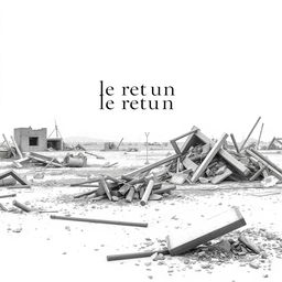 A minimalistic and simplistic artistic representation of war destruction, showcasing the aftermath of a battlefield with scattered debris, downed structures, and a muted color palette dominated by whites and light grays