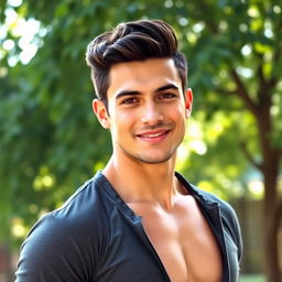 A handsome man with a charming smile, styled dark hair, and deep expressive eyes