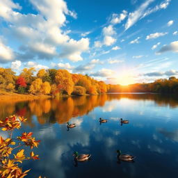 A serene landscape featuring a tranquil lake reflecting the colorful autumn trees surrounding it