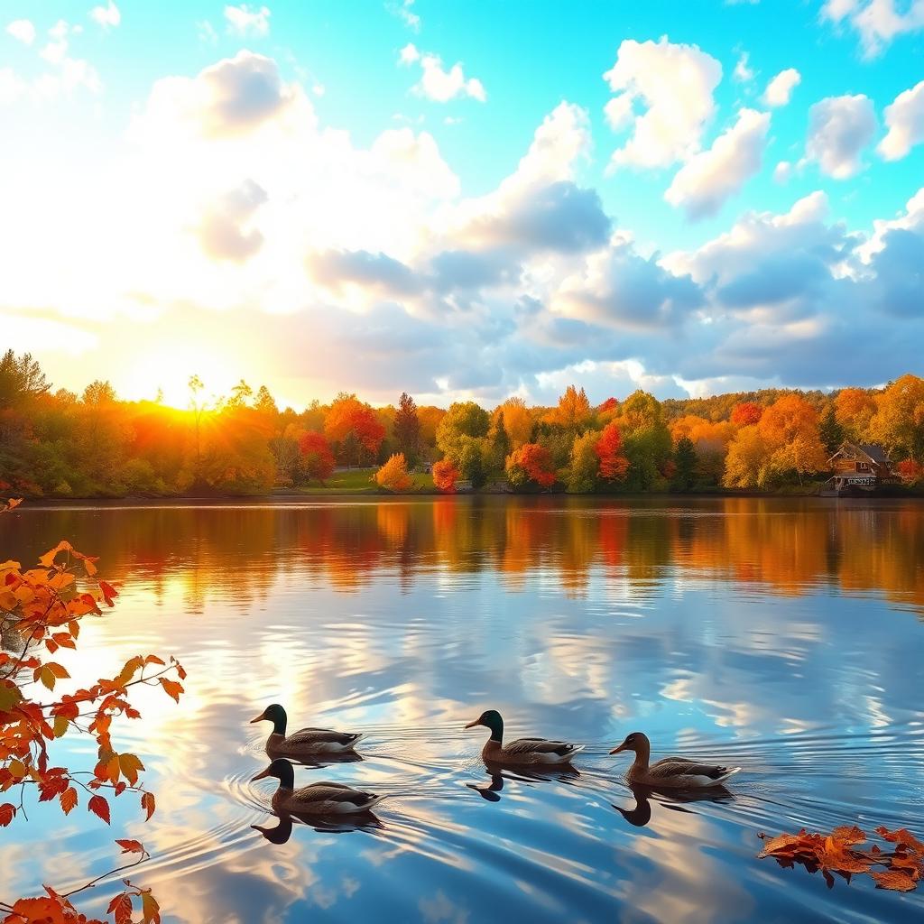 A serene landscape featuring a tranquil lake reflecting the colorful autumn trees surrounding it