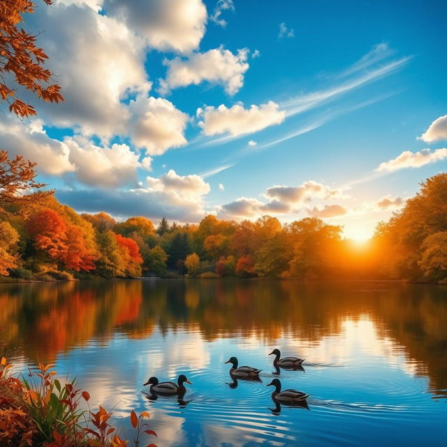 A serene landscape featuring a tranquil lake reflecting the colorful autumn trees surrounding it