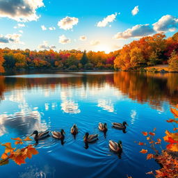 A serene landscape featuring a tranquil lake reflecting the colorful autumn trees surrounding it