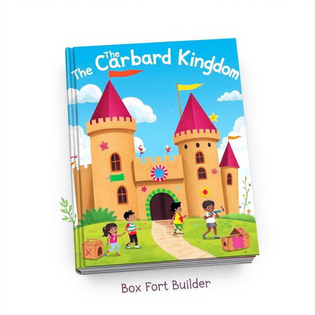 A whimsical book cover design for 'The Cardboard Kingdom' by Box Fort Builder, featuring a vibrant and enchanting cardboard castle surrounded by children engaging in imaginative adventures