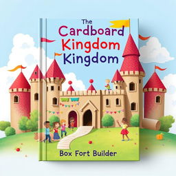 A whimsical book cover design for 'The Cardboard Kingdom' by Box Fort Builder, featuring a vibrant and enchanting cardboard castle surrounded by children engaging in imaginative adventures