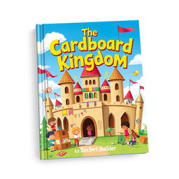A whimsical book cover design for 'The Cardboard Kingdom' by Box Fort Builder, featuring a vibrant and enchanting cardboard castle surrounded by children engaging in imaginative adventures