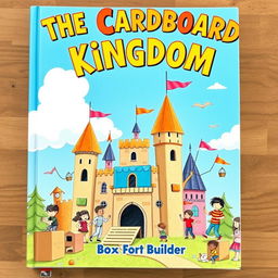 A whimsical book cover design for 'The Cardboard Kingdom' by Box Fort Builder, featuring a vibrant and enchanting cardboard castle surrounded by children engaging in imaginative adventures