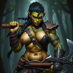 A powerful and hot muscular female orc berserker, showcasing her athletic physique and fierce expression