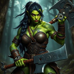 A powerful and hot muscular female orc berserker, showcasing her athletic physique and fierce expression