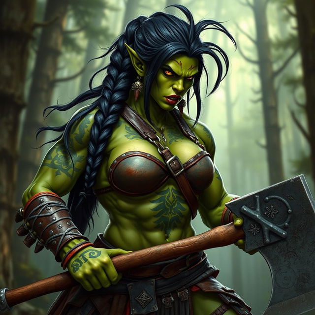 A powerful and hot muscular female orc berserker, showcasing her athletic physique and fierce expression