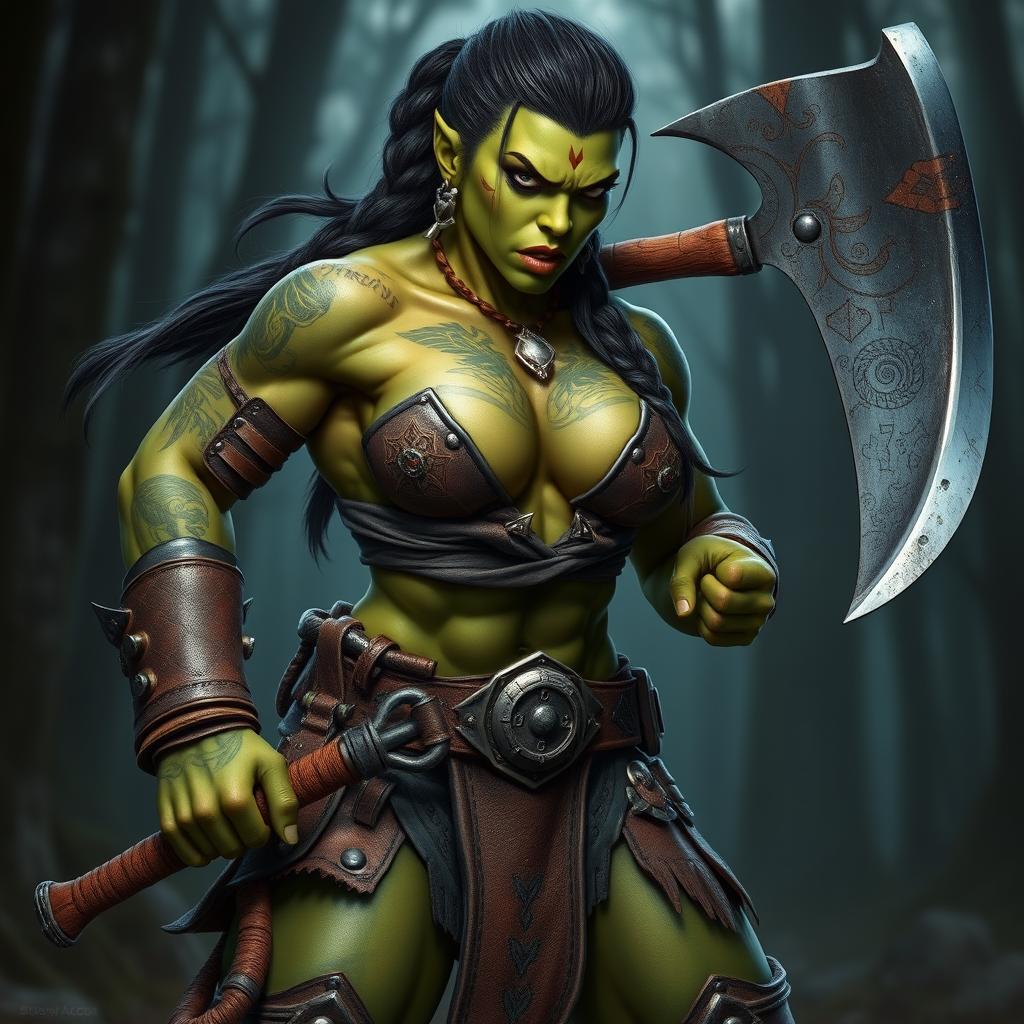 A powerful and hot muscular female orc berserker, showcasing her athletic physique and fierce expression