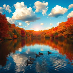A tranquil lake surrounded by a vast expanse of colorful autumn trees, the leaves in shades of red, orange, and gold