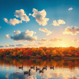A tranquil lake surrounded by a vast expanse of colorful autumn trees, the leaves in shades of red, orange, and gold