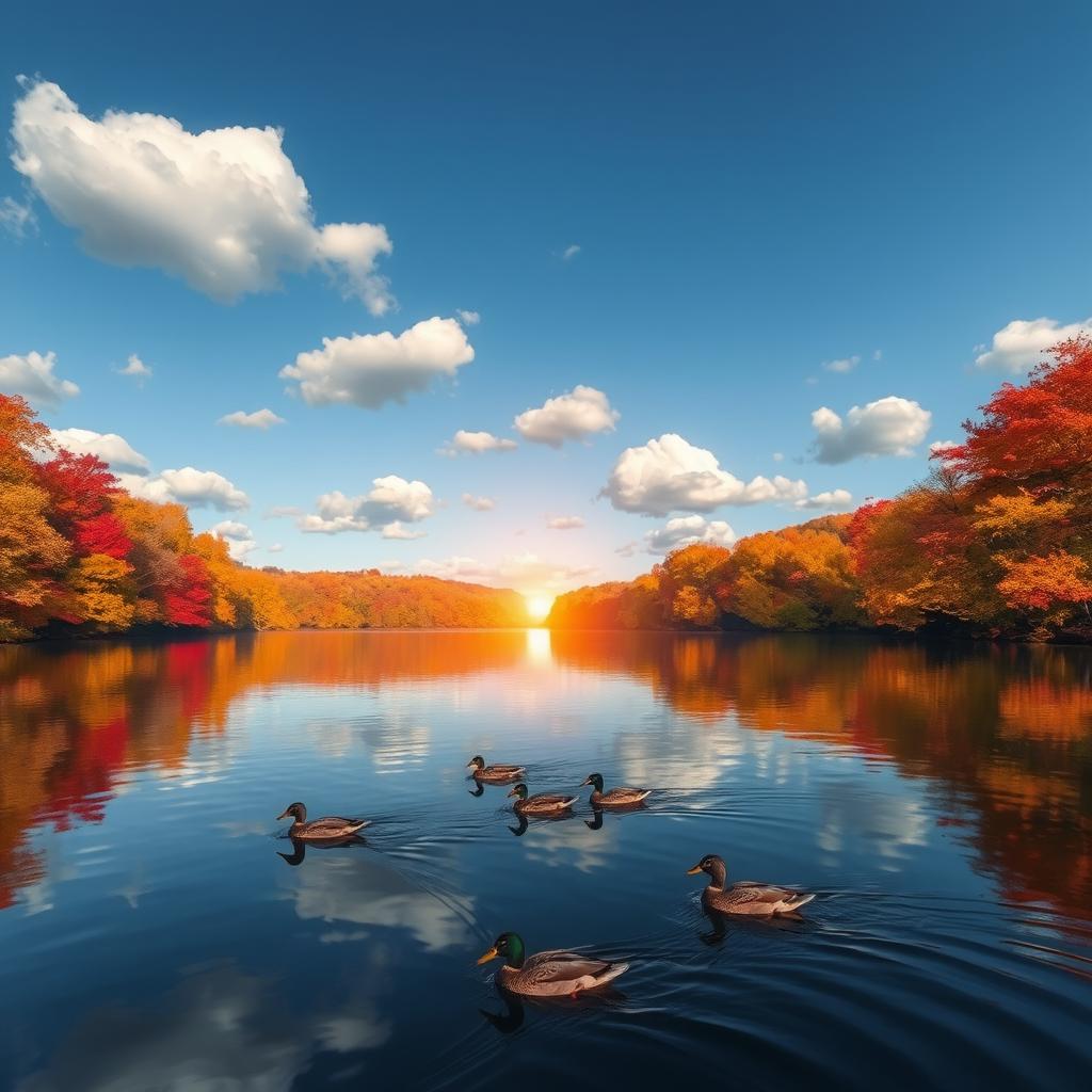 A tranquil lake surrounded by a vast expanse of colorful autumn trees, the leaves in shades of red, orange, and gold