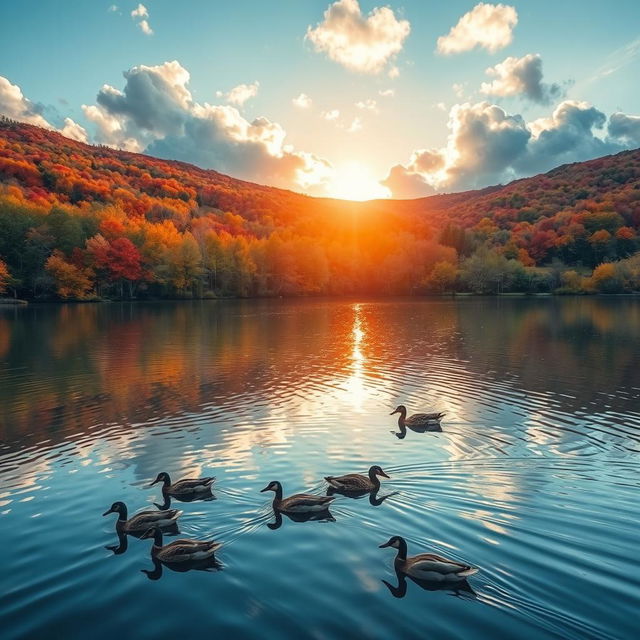 A tranquil lake surrounded by a vast expanse of colorful autumn trees, the leaves in shades of red, orange, and gold