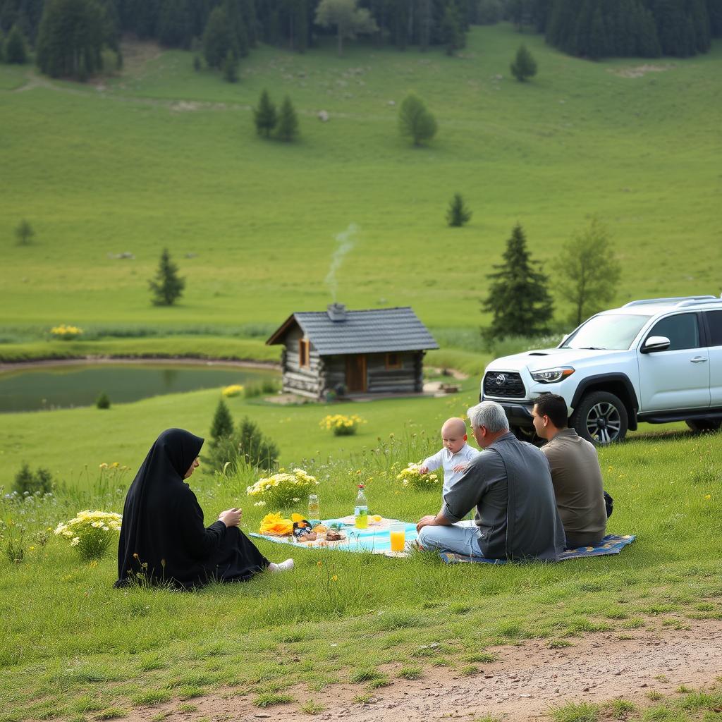 A lush green nature scene from northern Iran beside a clear pond and a meadow