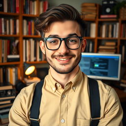 A handsome nerd with thick glasses and a charming smile, wearing a stylish button-up shirt and suspenders