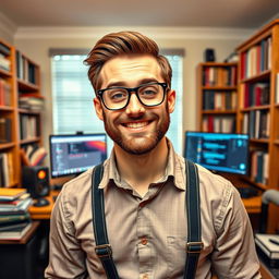 A handsome nerd with thick glasses and a charming smile, wearing a stylish button-up shirt and suspenders