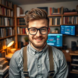 A handsome nerd with thick glasses and a charming smile, wearing a stylish button-up shirt and suspenders