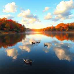 A picturesque landscape featuring a tranquil lake surrounded by vibrant autumn foliage in shades of red, orange, and yellow