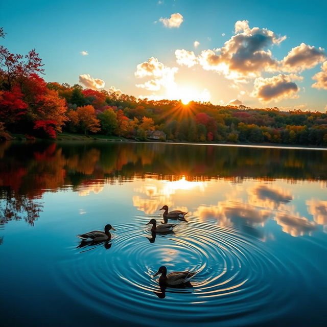 A picturesque landscape featuring a tranquil lake surrounded by vibrant autumn foliage in shades of red, orange, and yellow