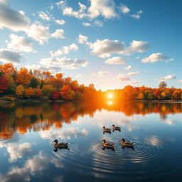 A picturesque landscape featuring a tranquil lake surrounded by vibrant autumn foliage in shades of red, orange, and yellow