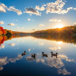 A picturesque landscape featuring a tranquil lake surrounded by vibrant autumn foliage in shades of red, orange, and yellow