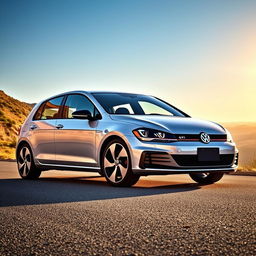 A stylish and vibrant scene featuring a 2018 Volkswagen Golf GTI parked on a scenic road