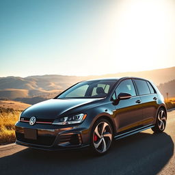 A stylish and vibrant scene featuring a 2018 Volkswagen Golf GTI parked on a scenic road