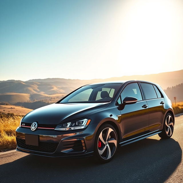 A stylish and vibrant scene featuring a 2018 Volkswagen Golf GTI parked on a scenic road