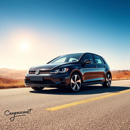 A stylish and vibrant scene featuring a 2018 Volkswagen Golf GTI parked on a scenic road