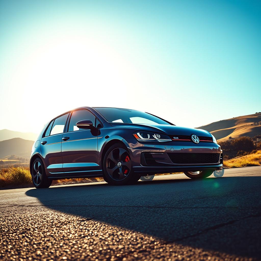 A stylish and vibrant scene featuring a 2018 Volkswagen Golf GTI parked on a scenic road