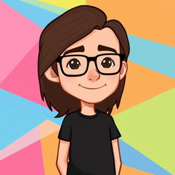 A Bitmoji-style character of a thin man with long brown hair and glasses, wearing a classic black t-shirt