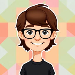 A Bitmoji-style character of a thin man with long brown hair and glasses, wearing a classic black t-shirt