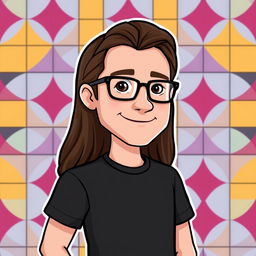 A Bitmoji-style character of a thin man with long brown hair and glasses, wearing a classic black t-shirt