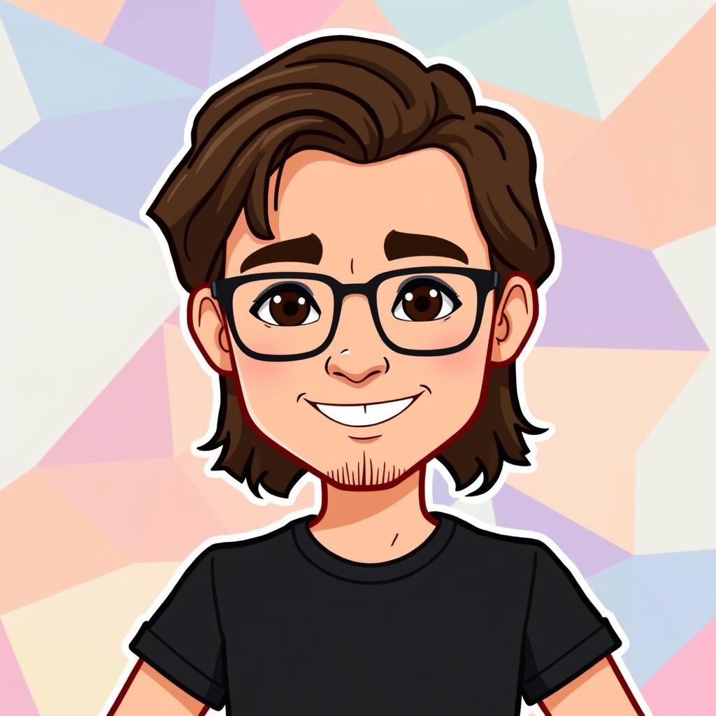 A Bitmoji-style character of a thin man with long brown hair and glasses, wearing a classic black t-shirt