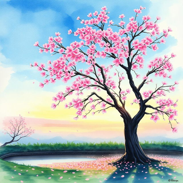 A stunning watercolor painting of a cherry blossom tree in full bloom