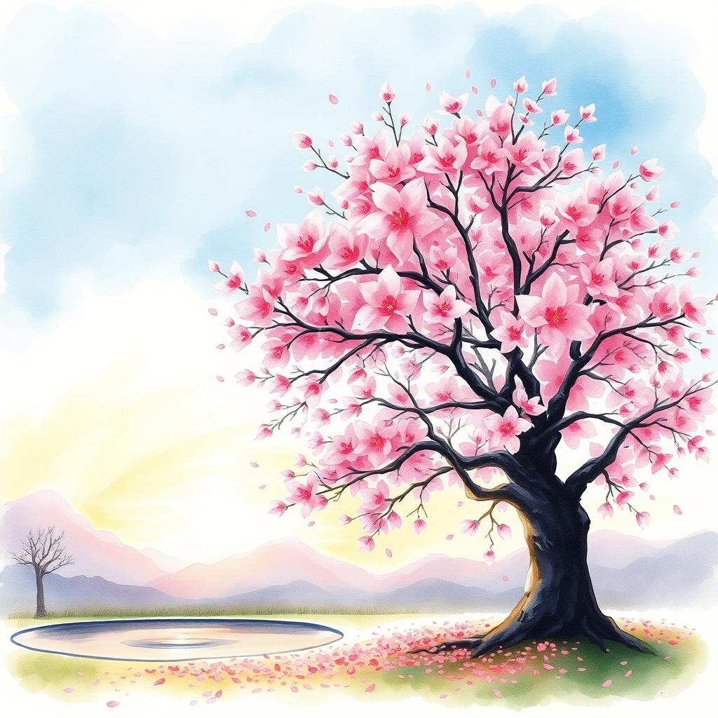 A stunning watercolor painting of a cherry blossom tree in full bloom