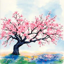 A stunning watercolor painting of a cherry blossom tree in full bloom
