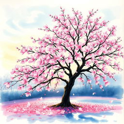 A stunning watercolor painting of a cherry blossom tree in full bloom
