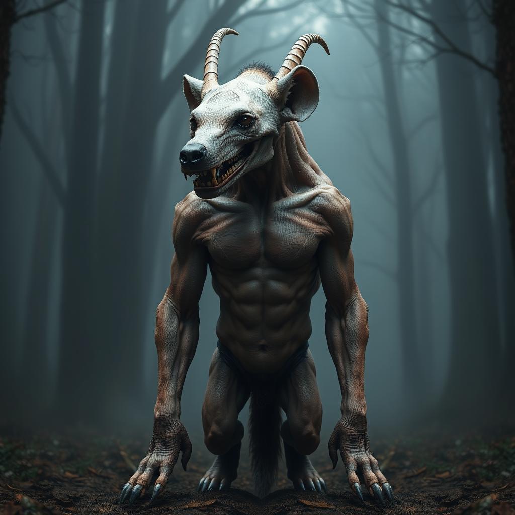 A surreal creature with the head of a skinless hyena on top, showcasing its distinctive skull features and exposed musculature