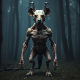 A surreal creature with the head of a skinless hyena on top, showcasing its distinctive skull features and exposed musculature
