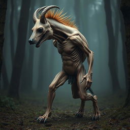 A surreal creature with the head of a skinless hyena on top, showcasing its distinctive skull features and exposed musculature
