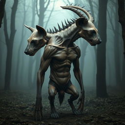 A surreal creature with the head of a skinless hyena on top, showcasing its distinctive skull features and exposed musculature