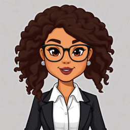 A Bitmoji-style character of a woman with very long curly hair and glasses, dressed in a stylish suit